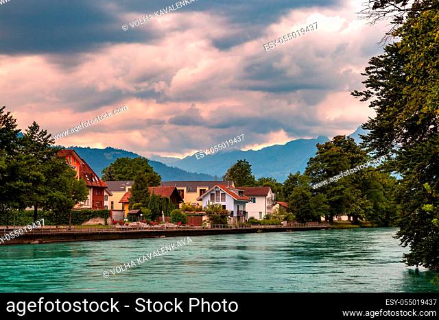 Aare river in Old City of Interlaken, important tourist center in the Bernese Highlands, Switzerland