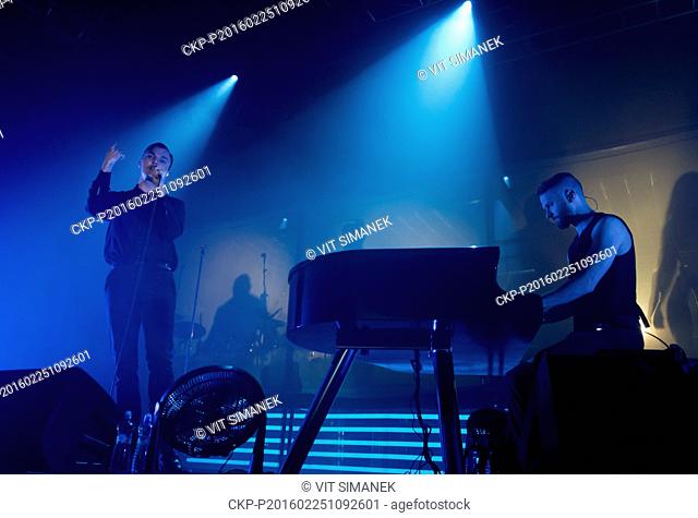 Singer Theo Hutchcraft (left) and pianist and guitar player Adam Anderson (right) from British synthpop duo Hurts performs in Prague, Czech Republic