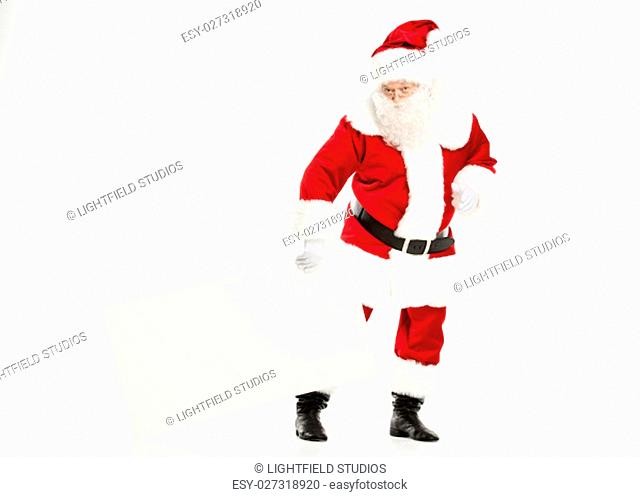 Santa Claus with blank white board in hand, isolated on white