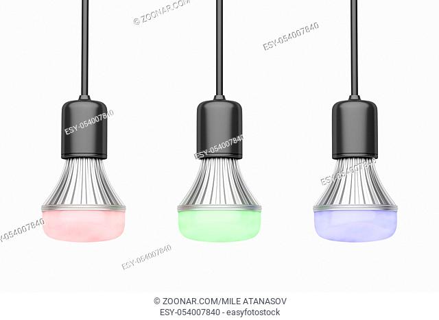 LED light bulbs with different colors isolated on white background