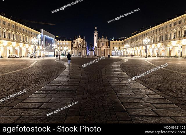Piazza San Carlo with the two churches at the bottom, called twins, Santa Cristina (left) and San Carlo (right). Turin (Italy), February 9th, 2022