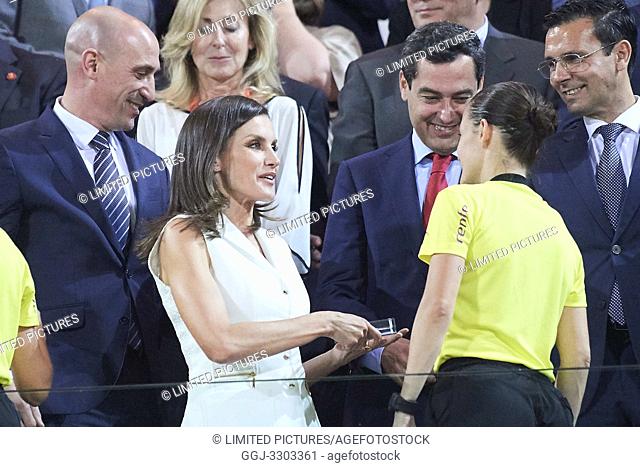 Queen Letizia of Spain delivery the trophy to referees after winning Spanish Queen's Cup (Copa de la Reina) final match Real Sociedad vs At