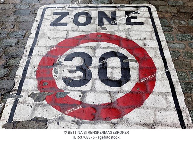 30 kph zone, marking for a slow traffic zone on cobblestones, Belgium