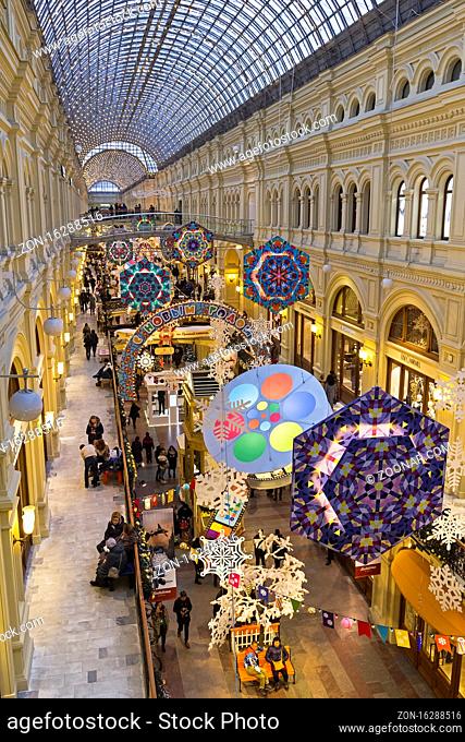Moscow, Russia - December 2, 2018: New Year and Christmas decorations in the galleries of the Main Universal Store