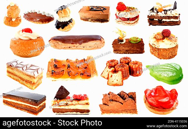 group of cakes in front of white background