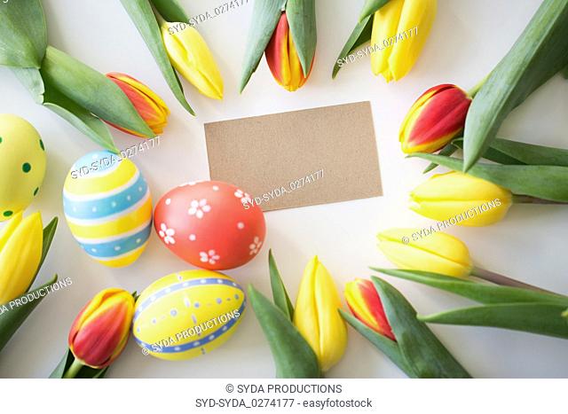 close up of colored easter eggs and tulip flowers