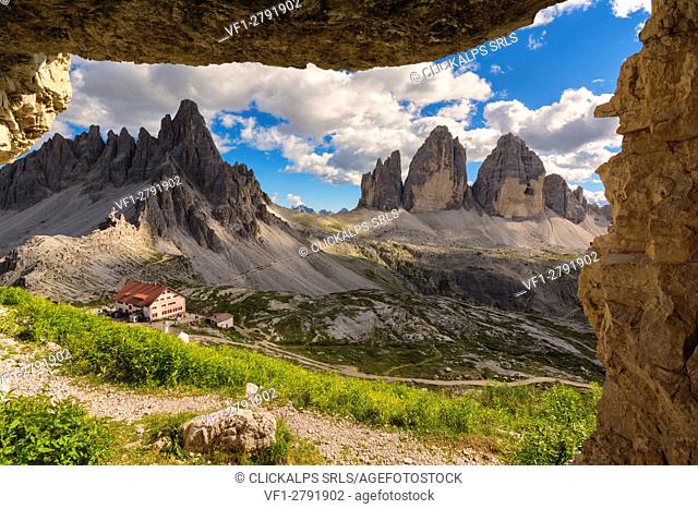 Three peaks of Lavaredo views from a cave, Bolzano Province, Trentino Alto Adige, Italy