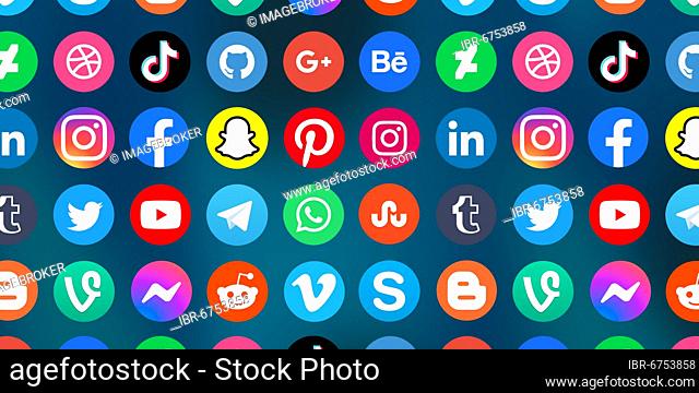 Logo of social media icons social network Facebook, Instagram, YouTube, Twitter and WhatsApp on the internet banner in Stuttgart, Germany, Europe