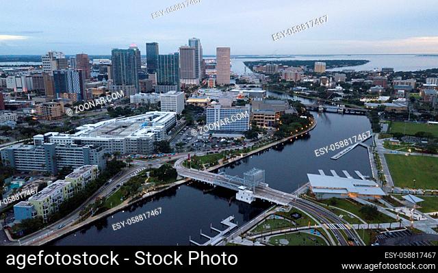 Florida's largest city skyline at Tampa on the western coast is shown here as night falls