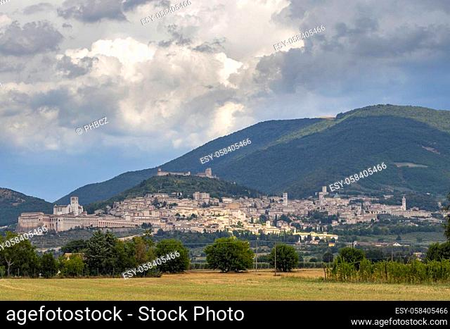 Panoramic view of Assisi old town, Province of Perugia, Umbria region, Italy