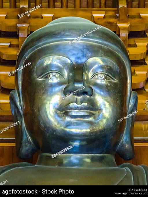 SHANGHAI, CHINA, JANUARY - 2019 - Buddha head sculpture at jingan buddhist temple at shanghai city, china