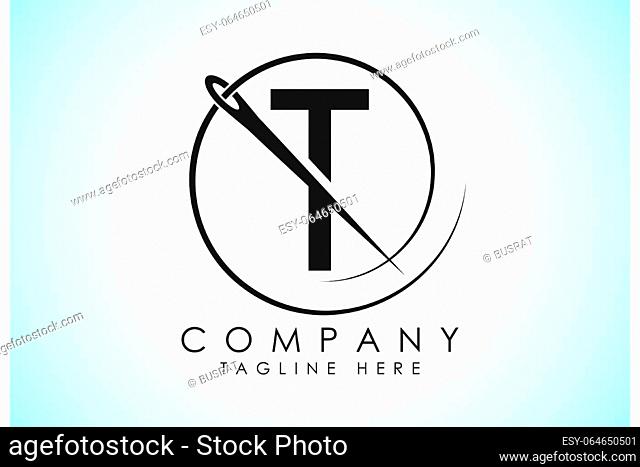 English alphabet T with sewing needle and thread Icon. Tailoring logo design concept