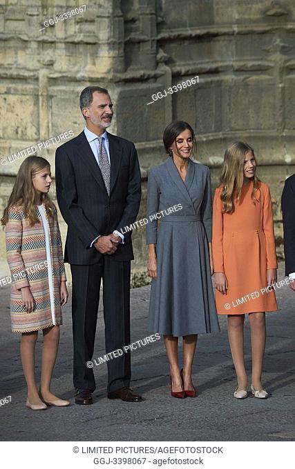 King Felipe VI of Spain, Queen Letizia of Spain, Crown Princess Leonor, Princess Sofia arrived to Alfonso II Square (Cathedral's Square) for Princesa de...