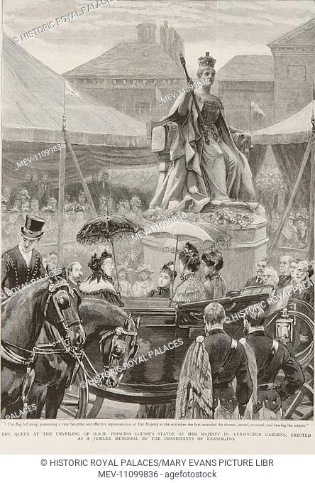 Queen Victoria at the unveiling of HRH Princess Louise's statue of Her Majesty in Kensington Gardens, erected as a Jubilee Memorial by the inhabitants of...