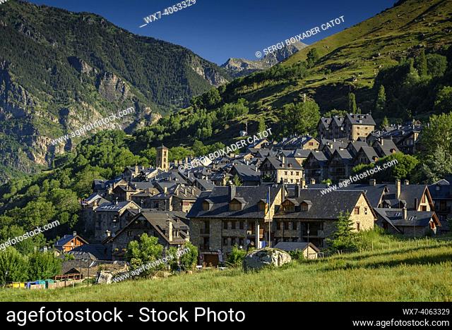 View of Taüll village in summer (Vall de Boí, Catalonia, Spain, Pyrenees)