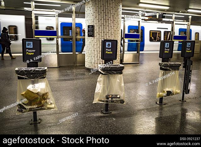 Stockholm, Sweden Trash bins in the Hornstull tunnelbana or subway station