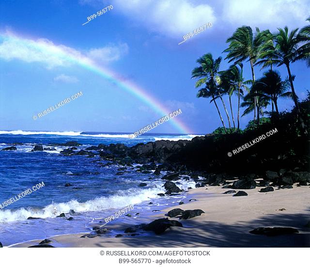 Scenic Rainbow On Beach, North Shore Coastline, Oahu, Hawaii, Usa, Stock  Photo, Picture And Rights Managed Image. Pic. B99-565770 | agefotostock
