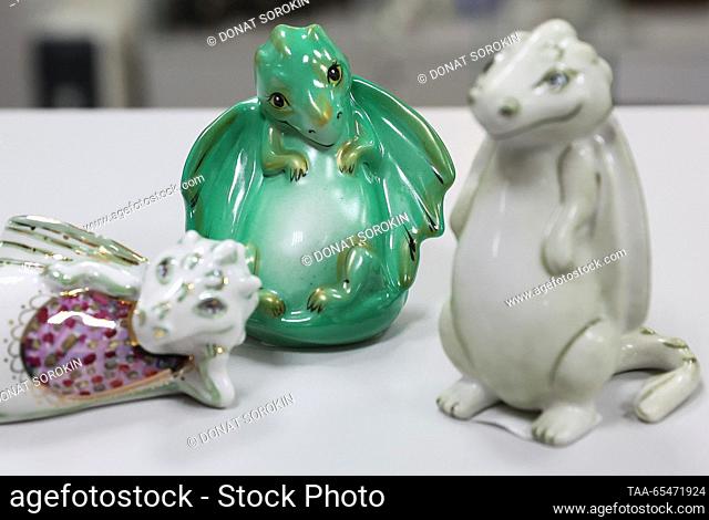 RUSSIA, SVERDLOVSK REGION - DECEMBER 4, 2023: Dragon figurines are pictured at the Sysert porcelain factory. Donat Sorokin/TASS