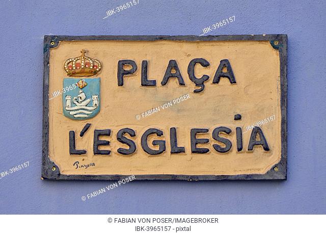 Street sign in Valencian, Placa l'Esglesia, Church Square, Villajoyosa, Costa Blanca, Spain