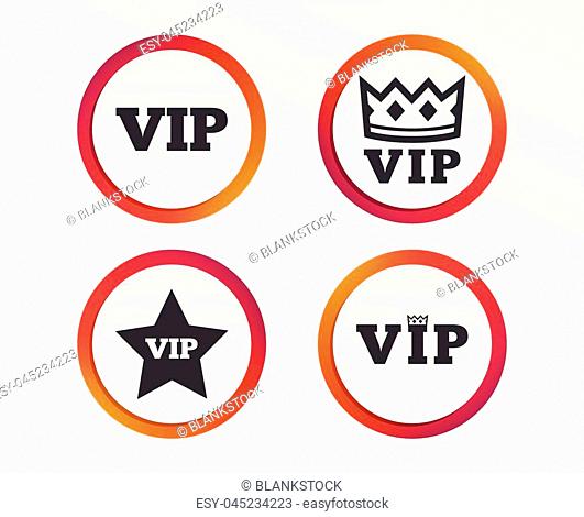 VIP icons. Very important person symbols. King crown and star signs. Infographic design buttons. Circle templates. Vector
