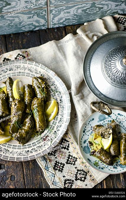 Stuffed vine leaves with rice, pine nuts and currants