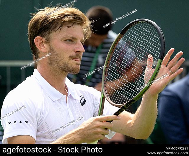 Belgian David Goffin celebrates after winning a tennis game against Argentinian Baez, in the second round game of the men's singles tournament at the 2022...