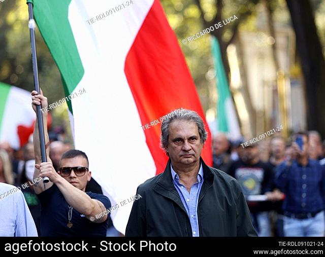 Roberto Fiore leader of Forza Nuova with some militants pass through Villa Borghese, in the direction of the CGIL headquarters (Italian General Confederation of...