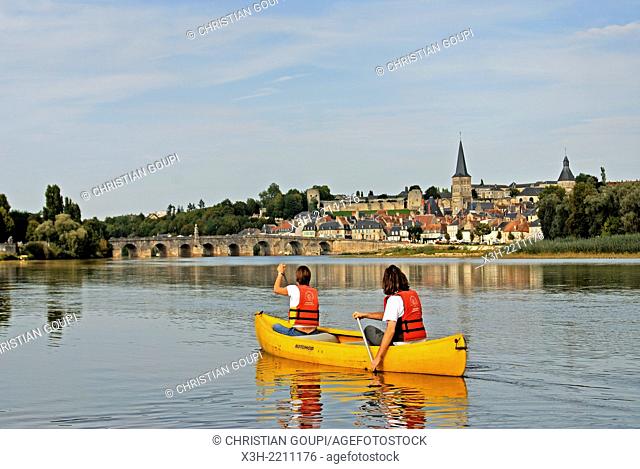 canoeing on Loire river in front of the city of La Charite-sur-Loire, Nievre department, Burgundy region, France, Europe