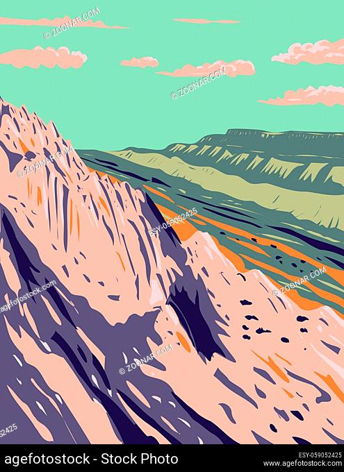 WPA Poster Art of the Waterpocket Fold in the Strike Valley located in Capitol Reef National Park in south-central Utah done in works project administration...