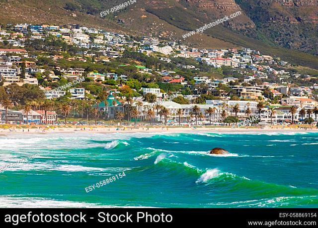 Cape Town, South Africa - October 15, 2019: Camps Bay Beach and Table Mountain in Cape Town South Africa