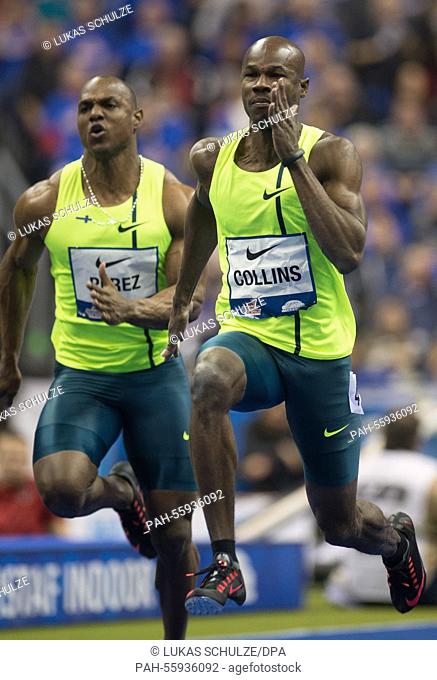 Yunier Perez (L) of Cuba and Kim Kollins of St. Kitts and Nevis in the 60m dash competition at the ISTAF Indoor at O2 World in Berlin,  Germany