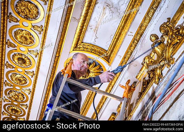 22 February 2023, Mecklenburg-Western Pomerania, Ludwigslust: A restorer cleans the gilded wall decorations in the Golden Hall of Ludwigslust Palace