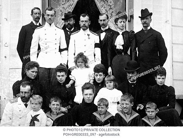 Around King Christian IX of Denmark (1818-1906) seated, in bowler hat, the royal families of Greece, Russia and England, including Nicholas II (1868-1918) and...