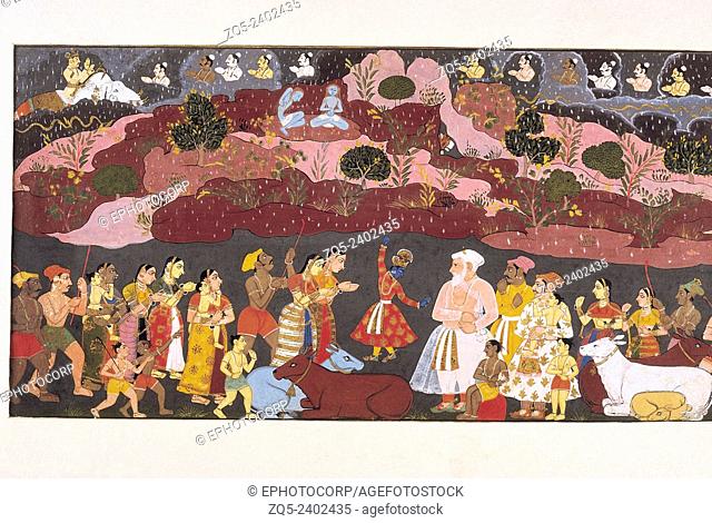 Krishna lifts Mount Govardhan. Mewar, Rajasthan, India. Dated: 1700 A.D