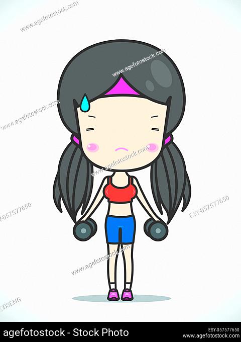 cute girl exercising hold in dumbbell hand, vector illustration