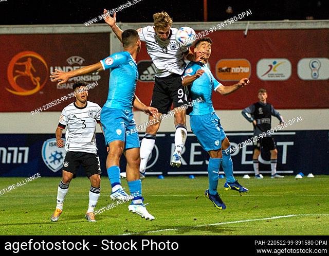 22 May 2022, Israel, -: Soccer, U17 Juniors: European Championship, Israel- Germany, Preliminary Round, Group A..Lod, Israel - Nelson Weiper scores the 1:0 for...