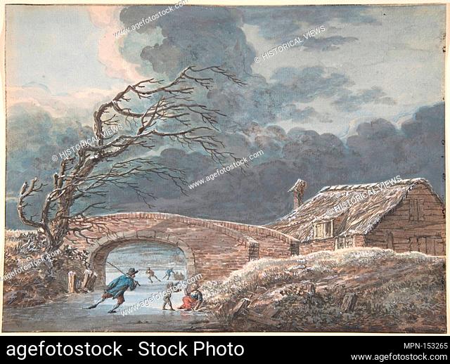 Winter Landscape with Skaters on a Frozen Canal. Artist: Vincent Jansz. van der Vinne (Dutch, 1736-1811); Date: n.d; Medium: Watercolor over black chalk;...