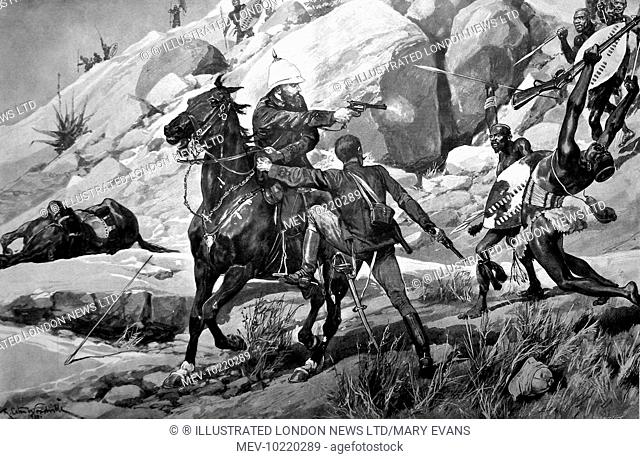 Illustration showing Colonel (later General) Sir Redvers Henry Buller (1839-1908) (centre, on horse) rescuing Captain D'Arcy during a skirmish with Zulu...