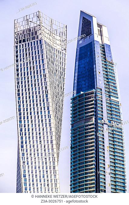 The Cayan Tower and the Damac Heights Tower at Dubai Marina, Dubai, UAE
