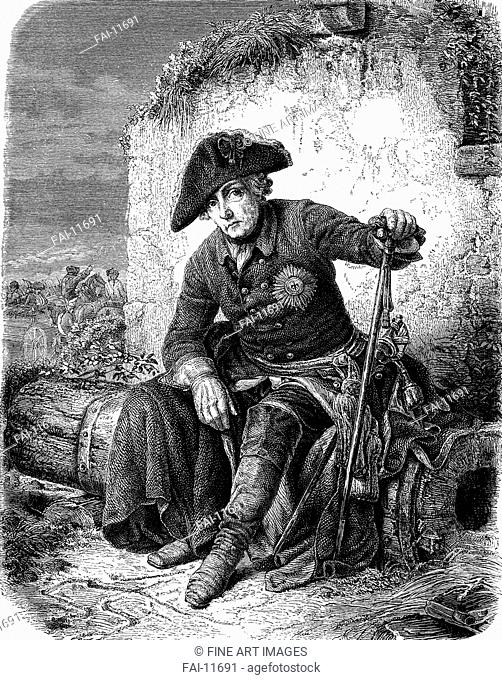 Frederick the Great (From the Illustrirte Zeitung). Kretzschmar, Eduard (1806-1858). Woodcut. Book design. 1840s. Private Collection. Graphic arts