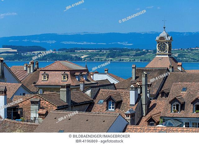 View onto roofs of the historic centre, Lake Morat behind, Murten or Morat, Canton of Fribourg, Switzerland