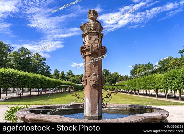 Statue of Louis William, Margrave of Baden-Baden on a fountain of Castle Schloss Favorite in Rastatt, Baden-Württemberg, Germany