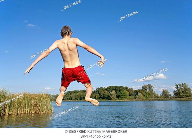 Boy jumping off a bridge into a lake, Teterow, Mecklenburg-Western Pomerania, Germany, Europe