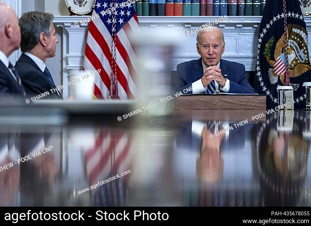 United States President Joe Biden, with US Secretary of State Antony Blinken, left, outlines efforts to counter the flow of fentanyl into the United States...