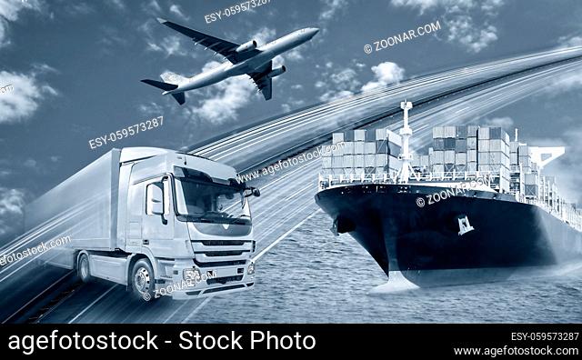 Transport von Waren mit LKW, Schiff und Flugzeug