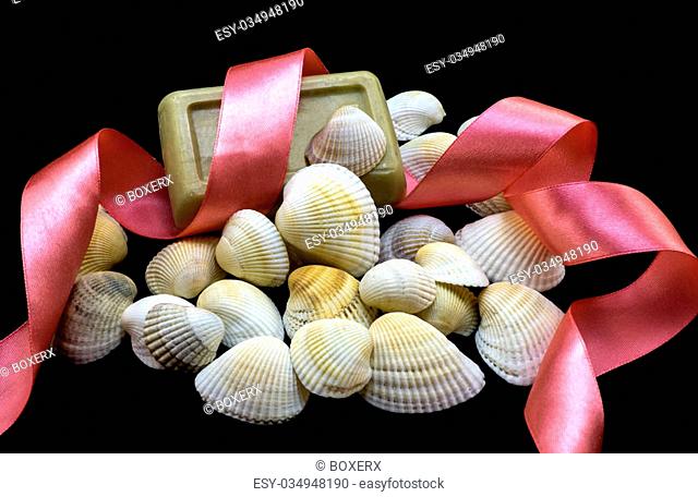 Variety of sea and river white shell, natural soap, pink ribbon macro isolated on black