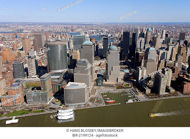 Aerial view, sightseeing flight, Ground Zero, World Financial Center, North Cove Marina, Manhattan, New York City, New York, United States, North America