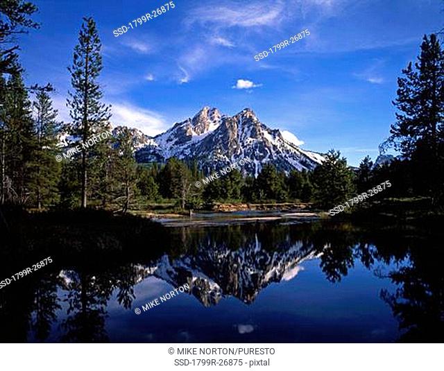 Reflection of a mountain in a lake, Mt McGown, Sawtooth National Forest, Idaho, USA