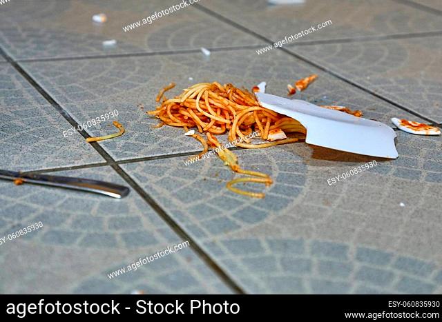 Plate of spaghetti dropped on the kitchen floor and breaking
