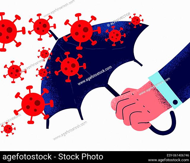 Danger of coronavirus, protection from virus bacteria concept. Hand of businessman holding umbrella against COVID-19 pneumonia bacterias flow trying to defend...